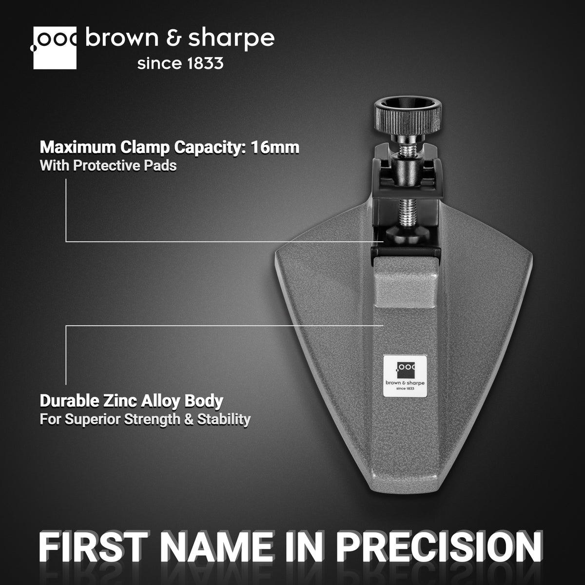 Brown & Sharpe micrometer support with zinc alloy body and 16 mm clamp capacity