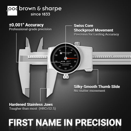 Brown & Sharpe dial caliper feature diagram with Swiss‑made shockproof movement, hardened stainless measuring jaws and smooth thumb‑slide