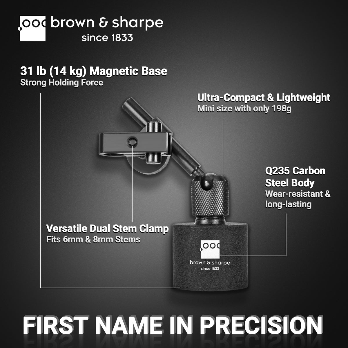 Brown & Sharpe Mini Support With Magnetic Base, 14‑kg pull force, dual‑stem clamp, Q235 carbon‑steel main body
