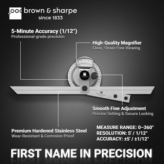 Brown & Sharpe 0-360° vernier bevel protractor with magnifying lens and fine-adjustment knob