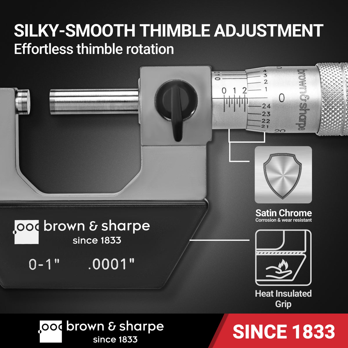 Brown & Sharpe mechanical outside micrometer thimble and satin-chrome finish