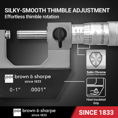 Brown & Sharpe mechanical outside micrometer thimble and satin-chrome finish