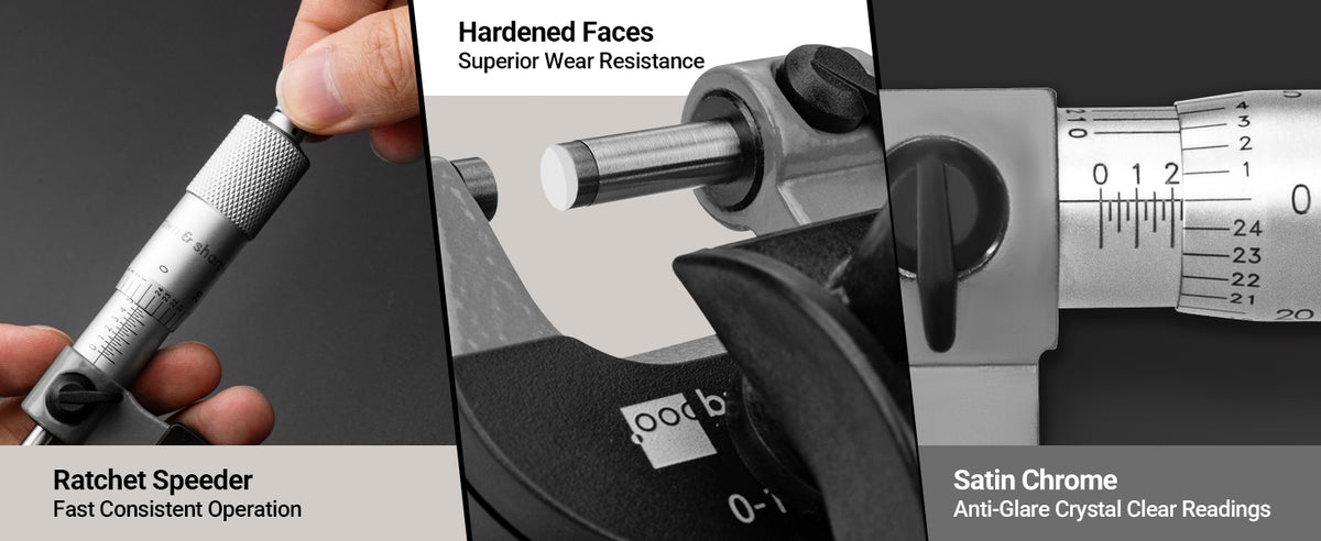 eature description of outside micrometer including ratchet speeder, hardened measuring faces and satin‑chrome scale