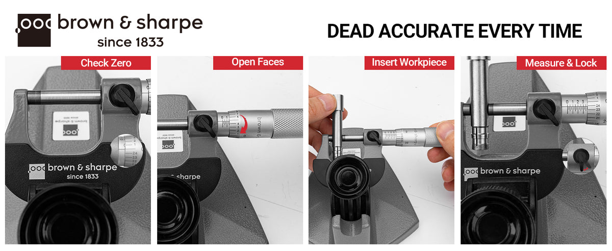 Four‑step usage guide for Brown & Sharpe mechanical outside micrometer, zero‑check, opening measuring faces, placing workpiece, locking measurement
