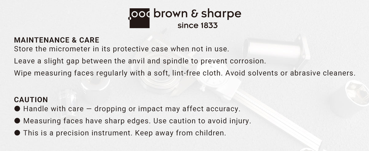 Brown & Sharpe micrometer maintenance instructions and safety warning notice