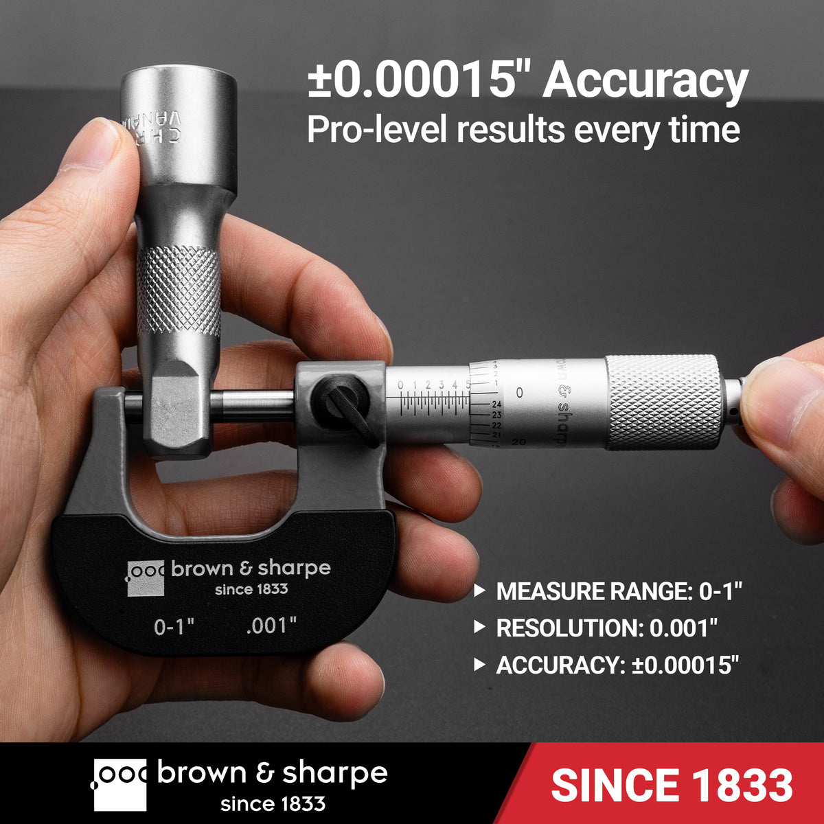 Brown & Sharpe mechanical outside micrometer measuring a workpiece