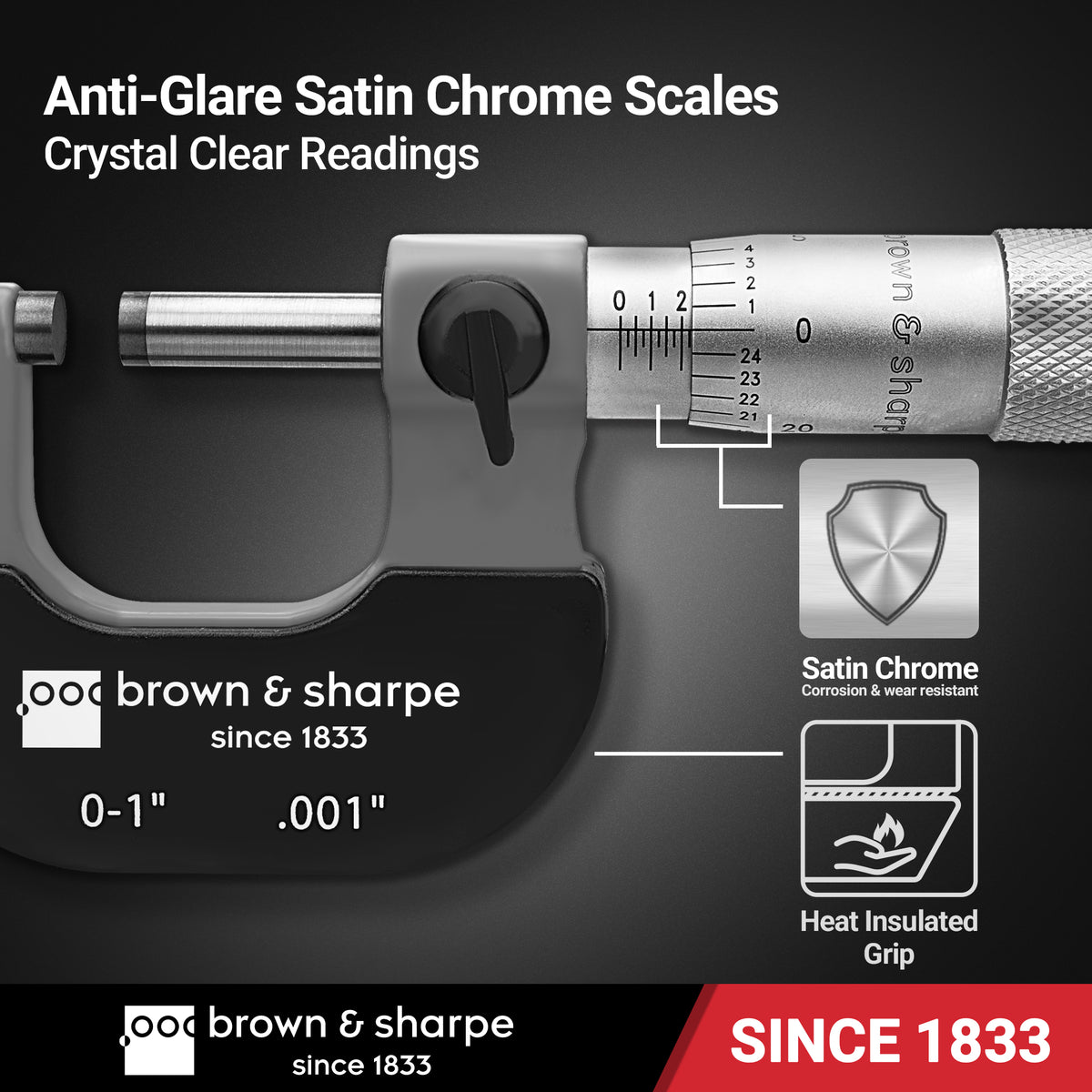 Brown & Sharpe mechanical micrometer satin-chrome scales