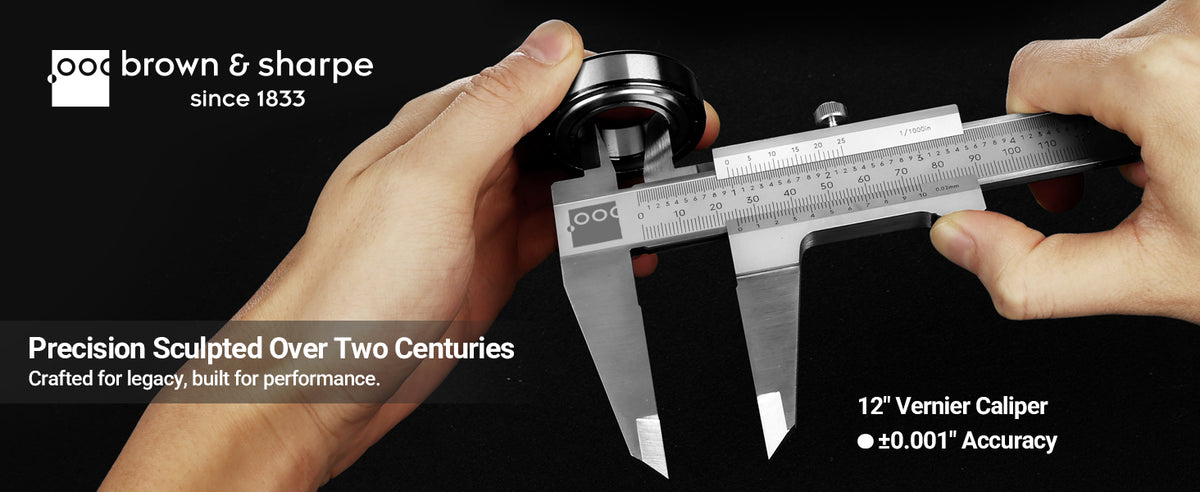 Brown & Sharpe 12‑inch vernier caliper real‑life measuring scene, ±0.001‑inch high‑precision hand‑held measurement for bearing