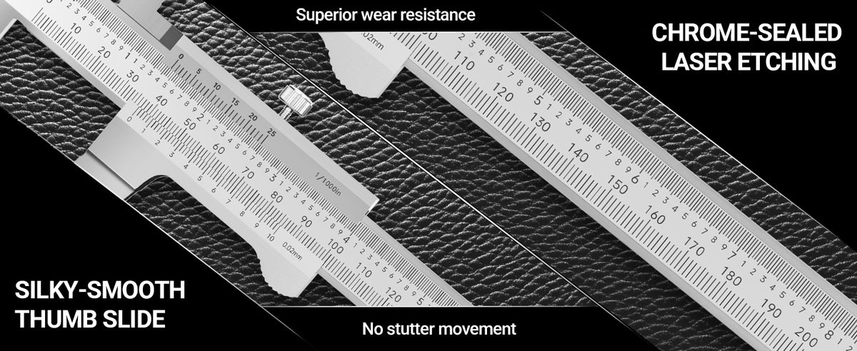 Vernier caliper close‑up, chrome‑sealed laser‑etched scale and silky‑smooth stutter‑free thumb slide, high wear‑resistance