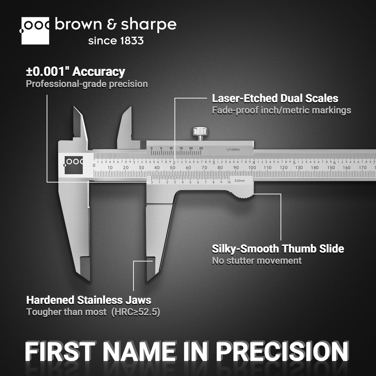 Brown & Sharpe vernier caliper feature diagram showing measuring jaws, dual scales and thumb slide