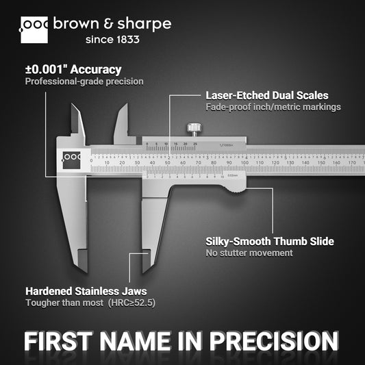 Brown & Sharpe vernier caliper feature diagram showing measuring jaws, dual scales and thumb slide