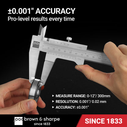 Brown & Sharpe vernier caliper showing ±0.001-inch accuracy