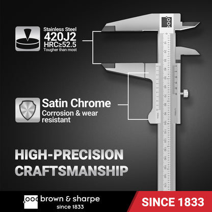 Vernier caliper material introduction graphic, 420J2 stainless‑steel measuring jaws, satin‑chrome anti‑corrosion surface, high‑precision workmanship