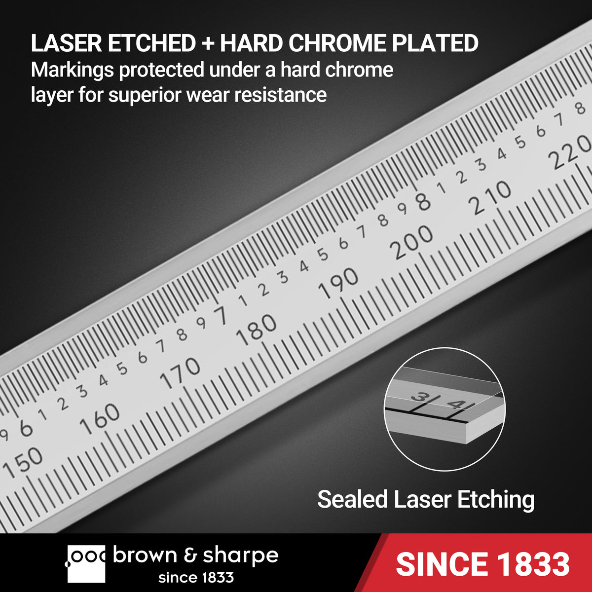 Vernier caliper scale close‑up, laser‑etched markings with hard‑chrome plated wear‑resistant coating