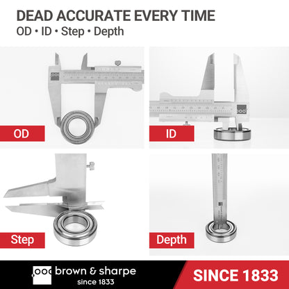 Vernier caliper usage demonstration chart, four‑way measurement for outer diameter, inner diameter, step and depth