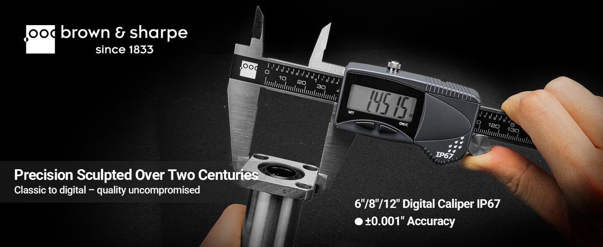 Brown & Sharpe IP67 waterproof digital caliper measuring metal workpiece, ±0.001 inch measuring‑accuracy, available in 6‑inch,8‑inch and 12‑inch sizes