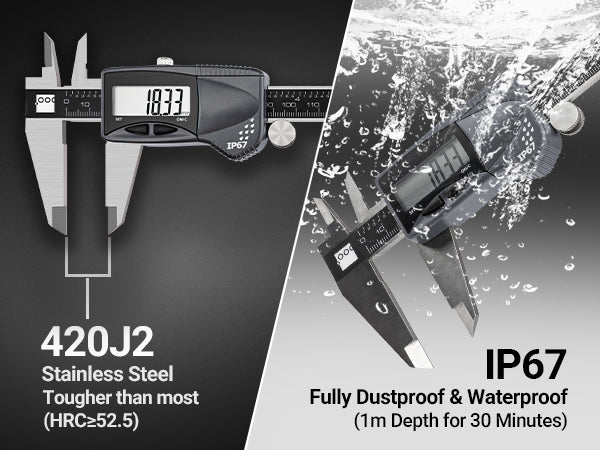 IP67 waterproof digital caliper made of 420J2 stainless‑steel with hardness HRC≥52.5, underwater‑proof demonstration