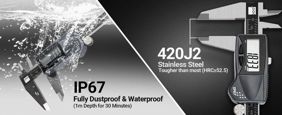 420J2 stainless‑steel IP67 waterproof digital caliper, 1‑meter 30‑minute underwater dust‑proof and water‑proof, hardness HRC≥52.5