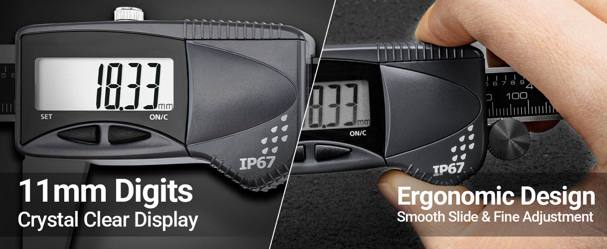 IP67 waterproof digital caliper featuring 11‑mm large‑size clear LCD digits, ergonomic non‑slip handle, smooth‑gliding beam and precision fine‑adjustment knob