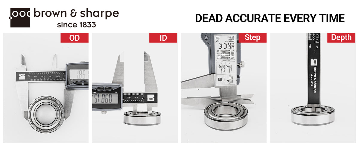 Brown & Sharpe digital caliper four‑way measurement demonstration for outer diameter, inner diameter, step and depth of bearing