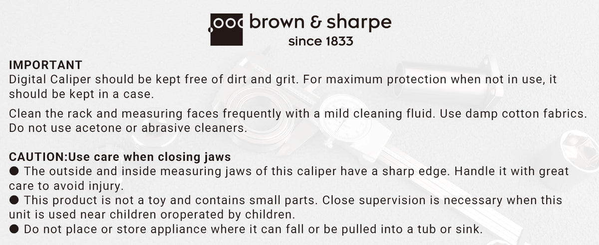 Brown & Sharpe digital caliper maintenance instructions and safety warning notice
