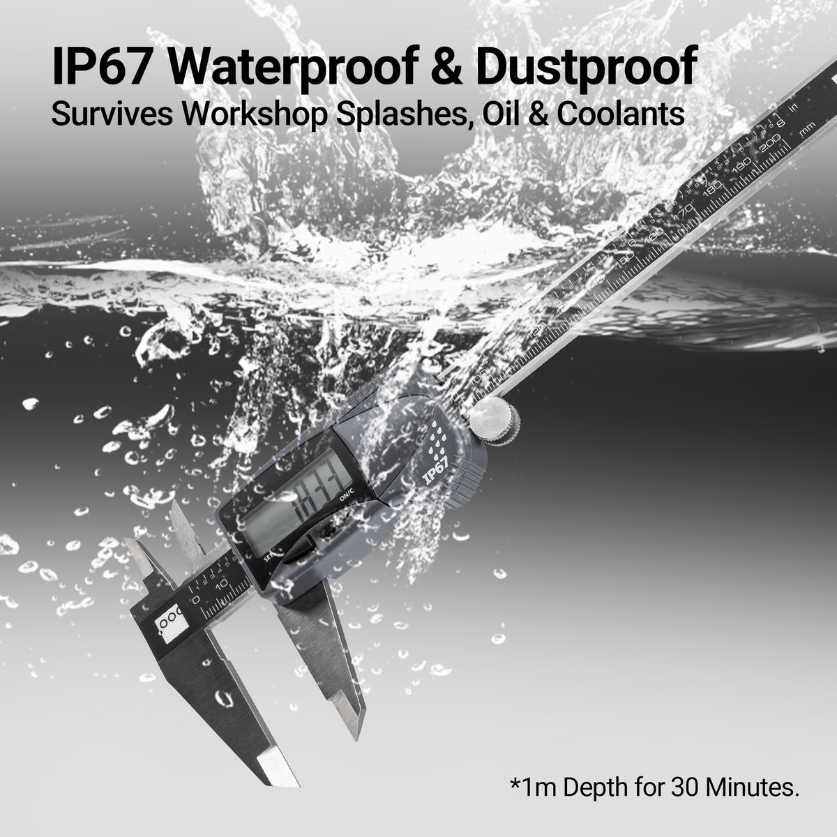 Brown & Sharpe IP67 digital caliper exposed to water splash