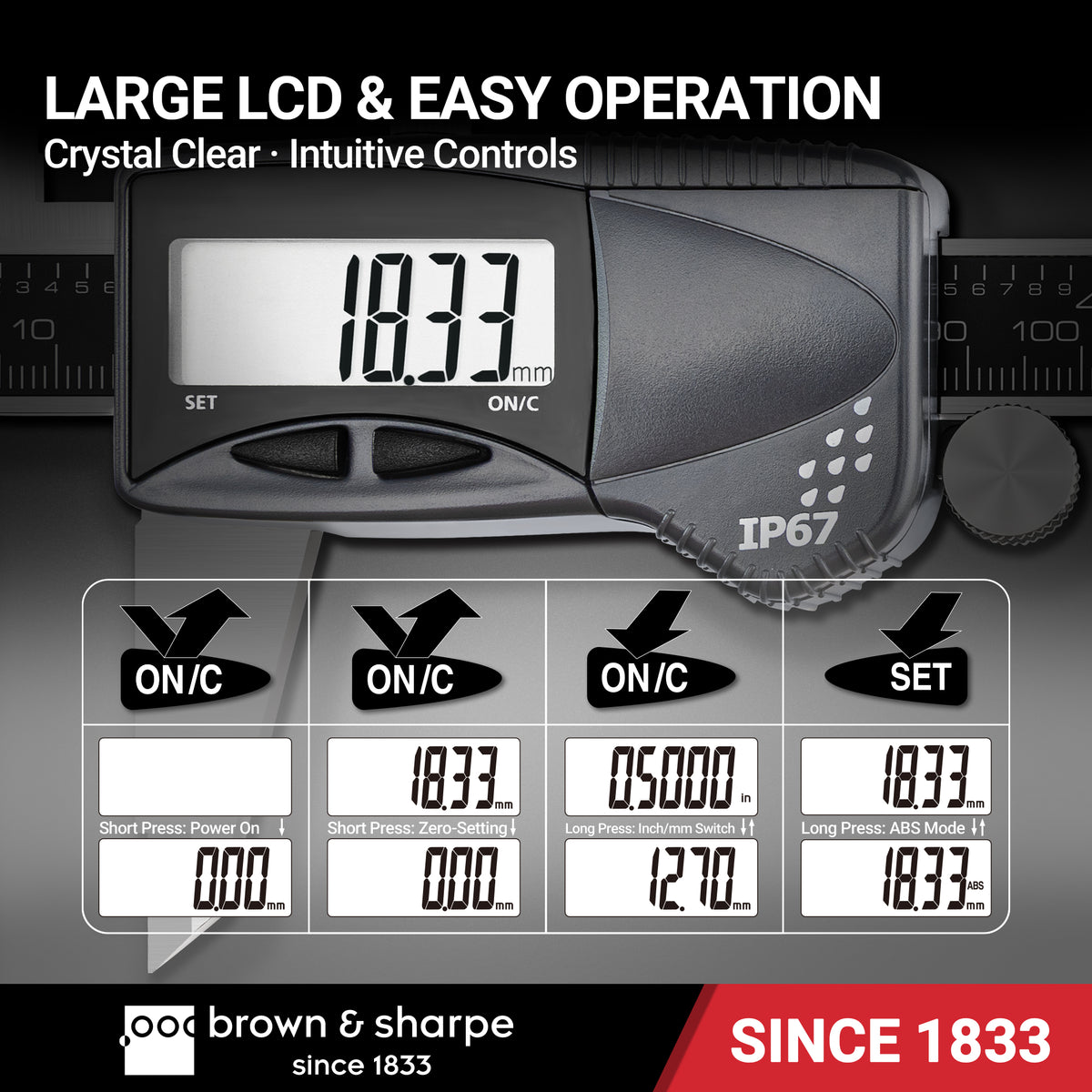 Brown & Sharpe IP67 digital caliper LCD display and controls