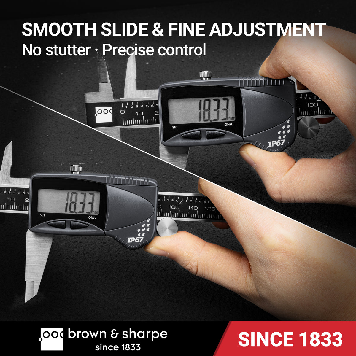 Brown & Sharpe IP67 digital caliper sliding mechanism and adjustment