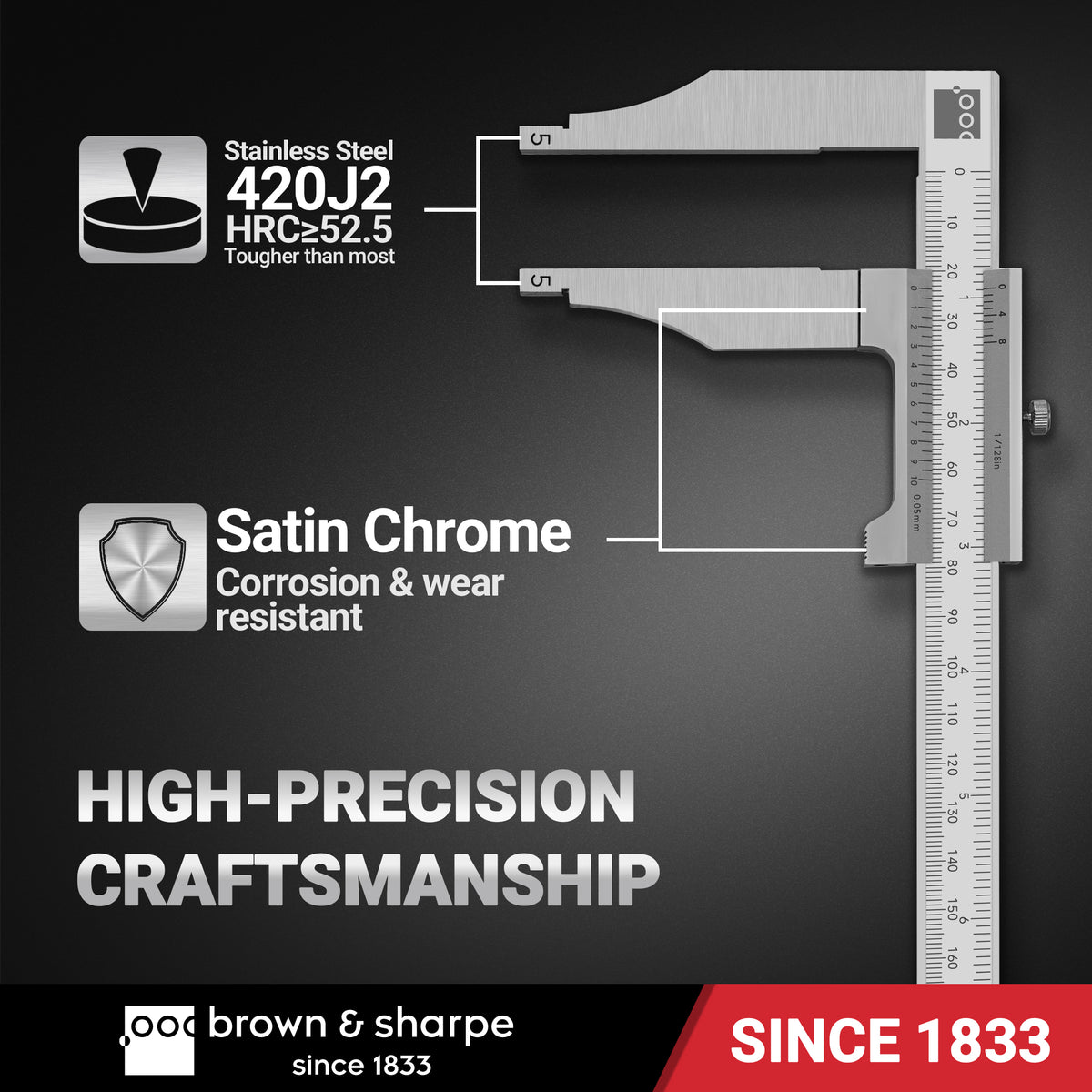 Workshop vernier caliper feature graphic, 420J2 stainless‑steel jaws, satin chrome corrosion‑resistant finish, high‑precision craftsmanship