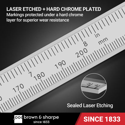 Vernier caliper scale close‑up, laser‑etched markings with hard‑chrome plated wear‑resistant coating
