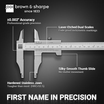 Vernier caliper feature diagram, ±0.002‑inch accuracy, hardened stainless‑steel jaws, laser‑etched dual scales and smooth thumb slide
