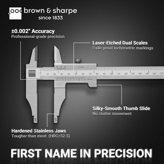 Vernier caliper feature diagram, ±0.002‑inch accuracy, hardened stainless‑steel jaws, laser‑etched dual scales and smooth thumb slide