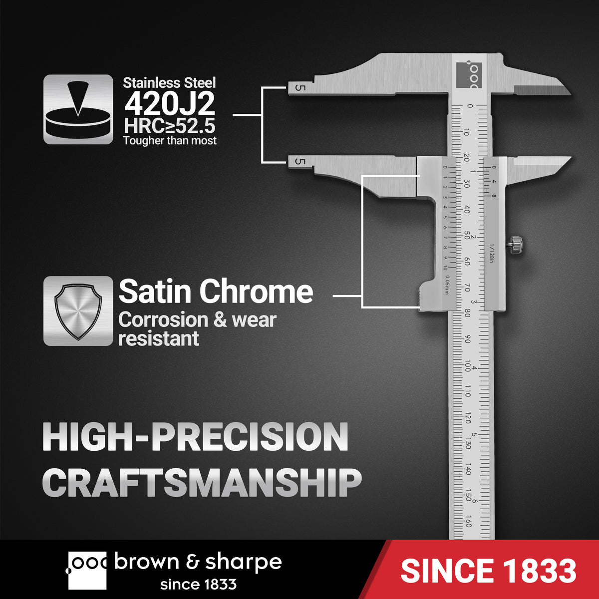 High‑precision vernier caliper made of 420J2 stainless‑steel with satin chrome anti‑corrosion treatment