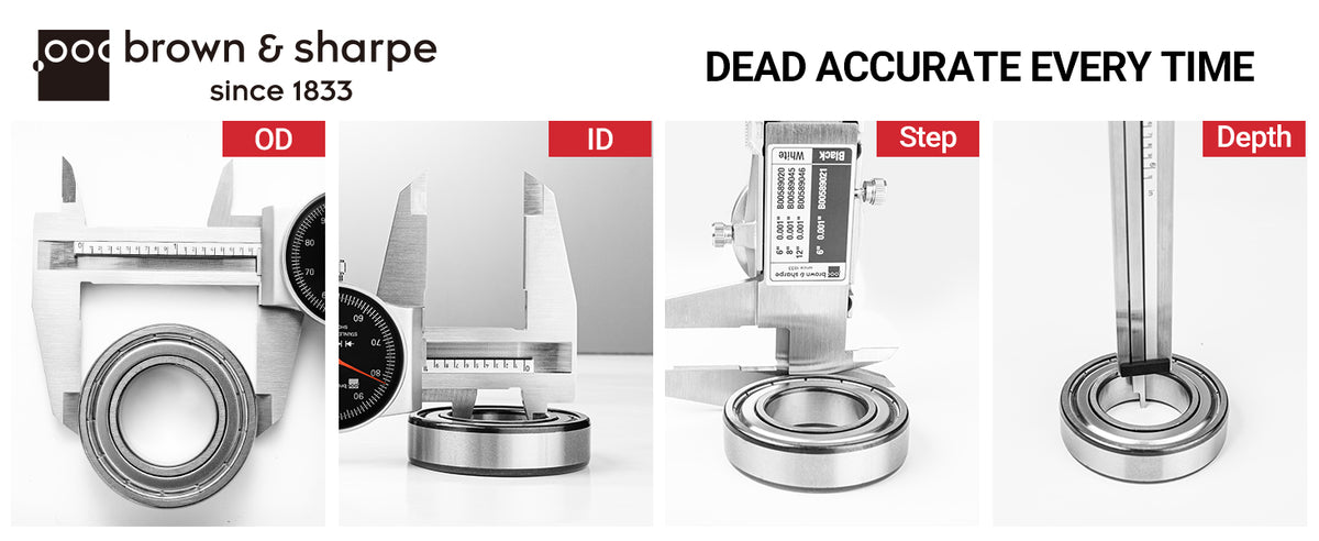 Brown & Sharpe dial caliper multi‑function display banner for outer‑diameter, inner‑diameter, step‑height and depth measurement