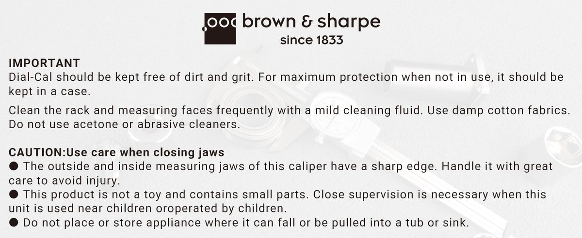 Brown & Sharpe dial caliper maintenance notice and safety caution illustration