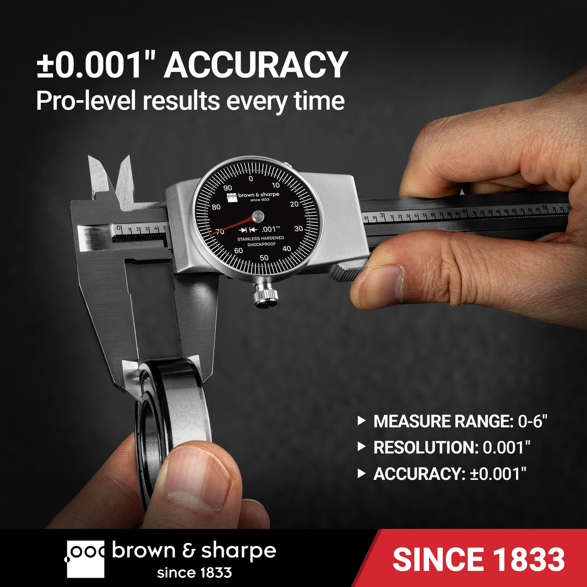 Hands‑on usage photo of Brown & Sharpe 0‑6‑inch dial caliper for bearing measurement, 0.001‑inch resolution and ±0.001‑inch precision