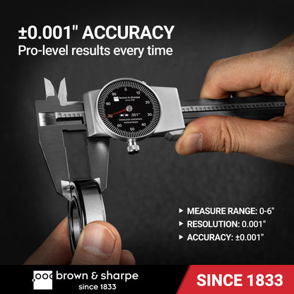 Hands‑on usage photo of Brown & Sharpe 0‑6‑inch dial caliper for bearing measurement, 0.001‑inch resolution and ±0.001‑inch precision
