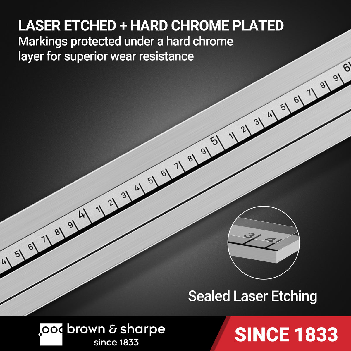 Close‑‑up photo of caliper scale with sealed laser‑etched markings and hard‑chrome‑plated wear‑resistant surface