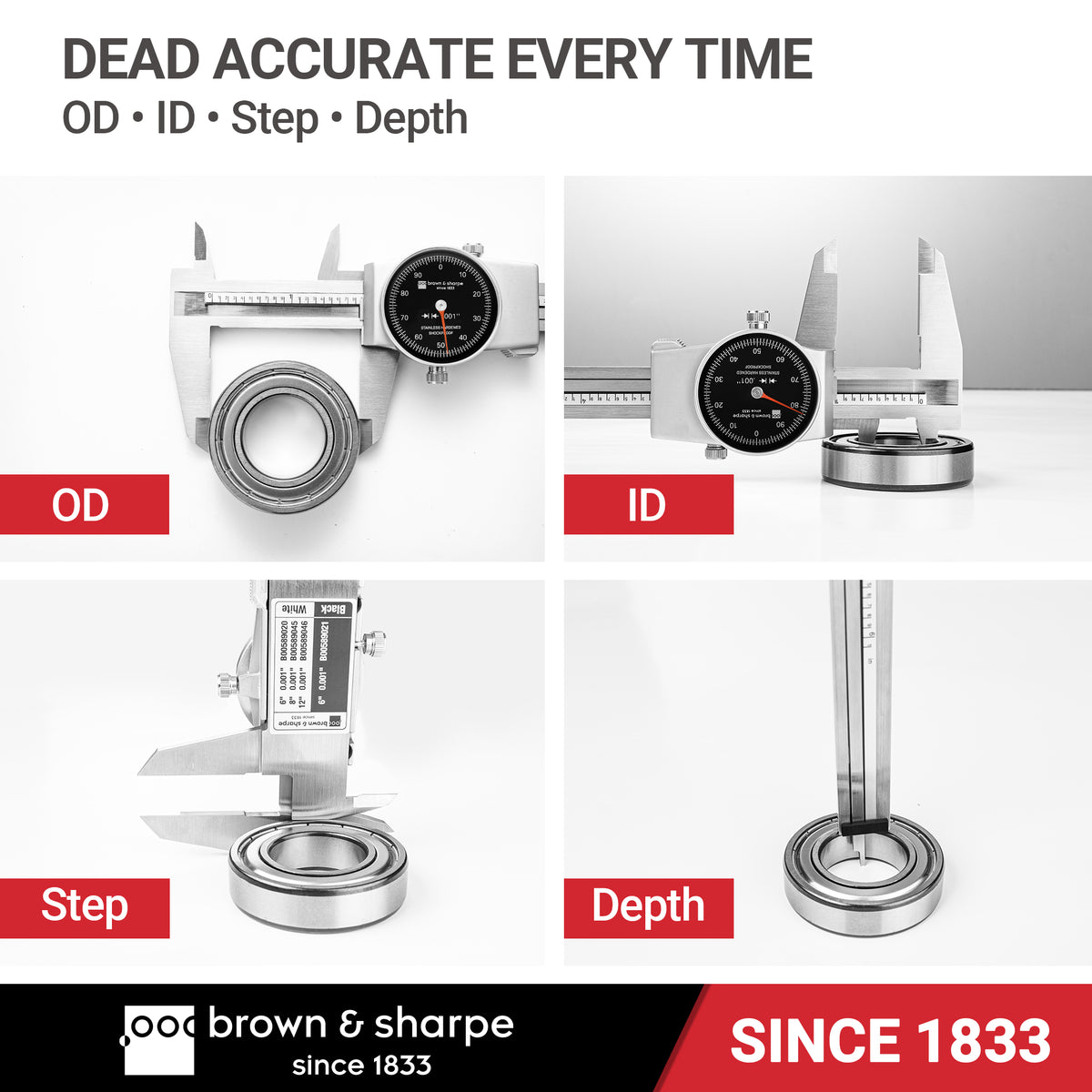 Four‑in‑one usage diagram of dial caliper for outer‑diameter, inner‑diameter, step and depth measurement on bearing