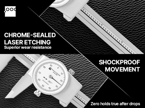 Product feature description for measuring tool, chrome‑sealed, laser‑etched, shock‑proof movement