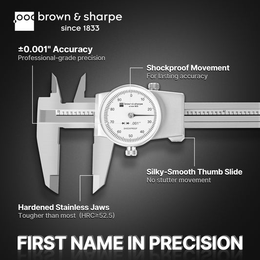Brown & Sharpe dial caliper product feature graphic, available in 6‑inch, 8‑inch and 12‑inch measuring range