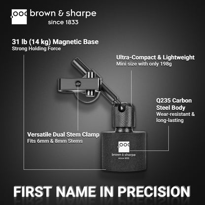 Brown & Sharpe Mini Support With Magnetic Base, 14‑kg pull force, dual‑stem clamp, Q235 carbon‑steel main body