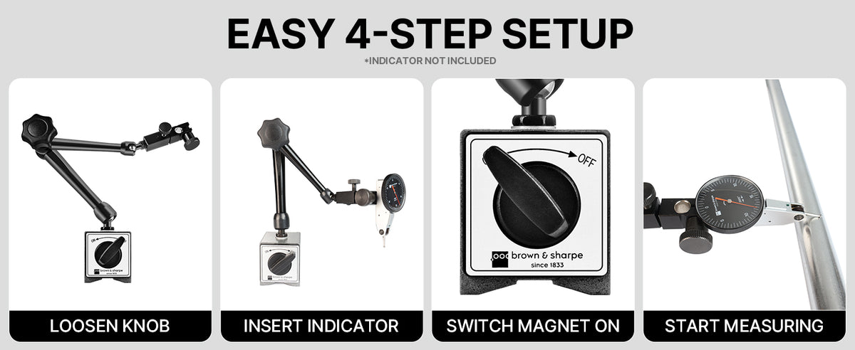 Four‑step installation guide for Brown & Sharpe articulated magnetic dial‑indicator stand, loosen knob, install indicator, turn‑on magnet and start measuring, dial gauge not‑included