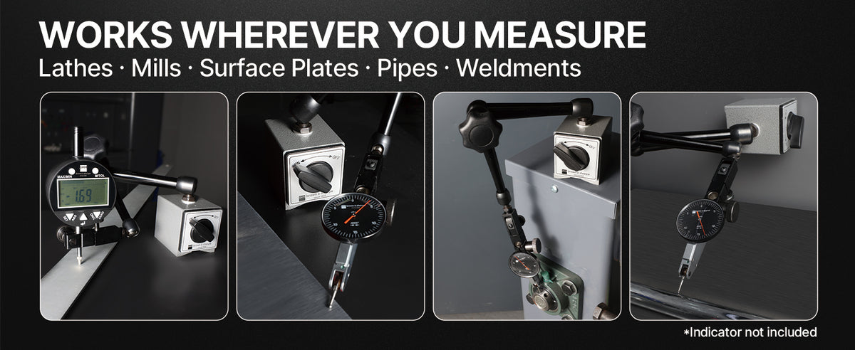 Brown & Sharpe magnetic base indicator stand multi‑scene application for lathes, milling machines, surface plates, pipes and weldments, dial indicator not‑included