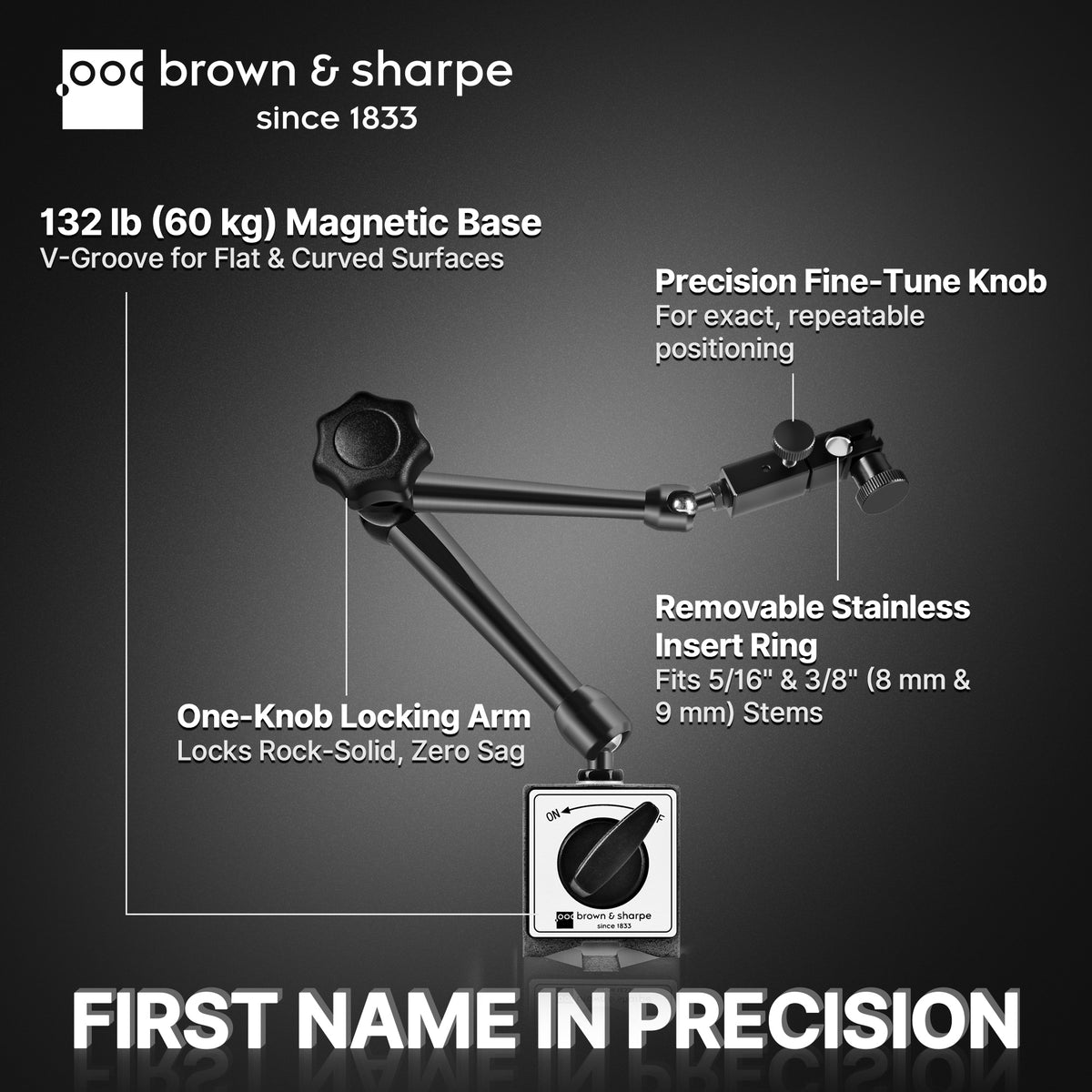 Brown & Sharpe articulated magnetic base with locking arm, fine-adjustment knob and stainless insert ring