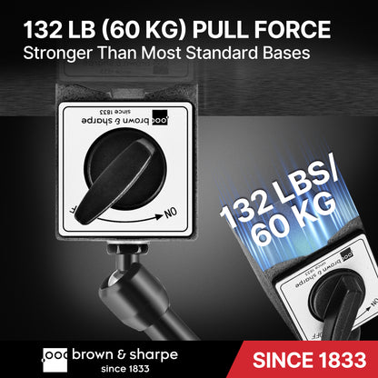 Brown & Sharpe magnetic base close‑up display, 132 lb 60‑kg strong pull‑force