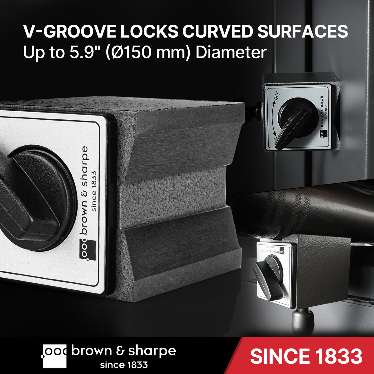 Brown & Sharpe magnetic base V‑groove application demonstration for curved surfaces up to 150‑mm diameter