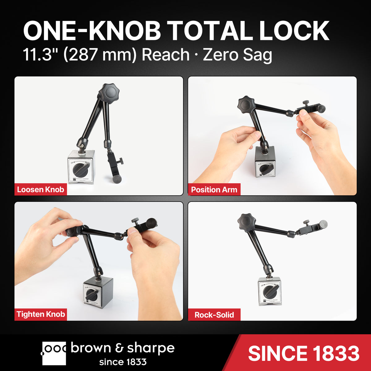 Four‑step operation guide for Brown & Sharpe one‑knob locking articulated magnetic stand, 287‑mm working reach