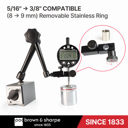 Brown & Sharpe magnetic indicator stand fitted with removable stainless adapter ring compatible with 8‑mm and 9‑mm dial gauge stems