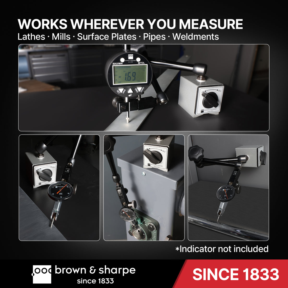 Brown & Sharpe magnetic indicator stand shown in multiple measurement and setup applications